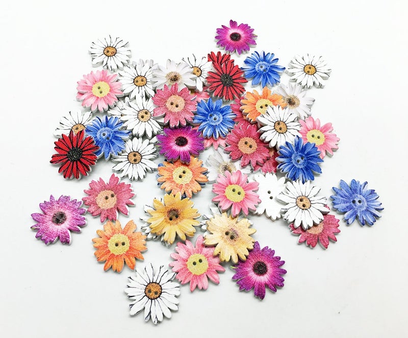 T-shin Wooden Buttons, Retro Flower-Shaped Pattern Decorative Button,Novelty Mixed Round 2 Holes Buttons Pack of 50(Multicolored-Flower) - Image 3